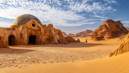 Desert ruin stands beneath domed roof in golden dunes.