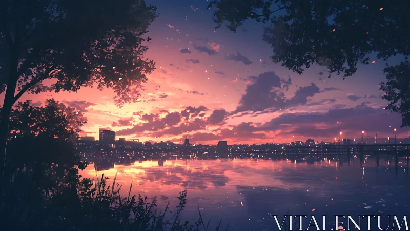 Twilight city skyline reflected in calm river with foliage framing