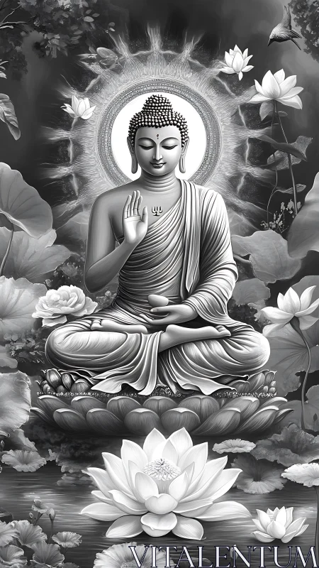 Monochrome seated Buddha on lotus with halo and foliage.
