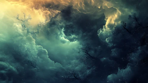 Bifurcated nebular storm cloudscape with silhouetted barren trees