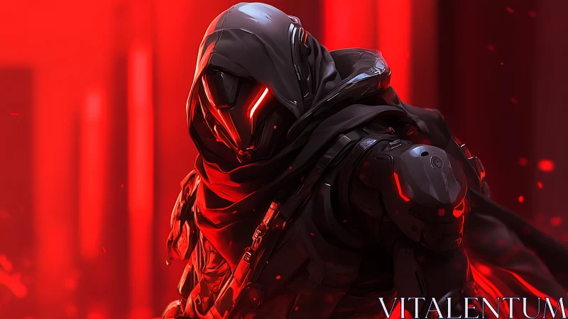 Cybernetic assassin advances through red-lit corridor