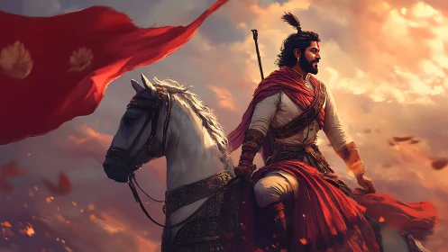 Warrior on white warhorse surveys battlefield in warm dusk light