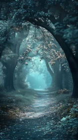 Mystical Forest Path Through Ancient Trees to Ethereal Light