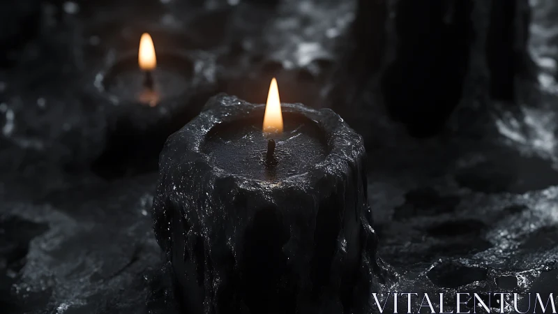 Close view of burning black candle in dark wax surface.