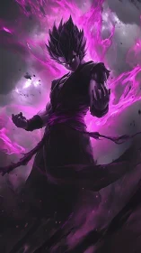 Cel shaded warrior channels dense magenta energy in storm