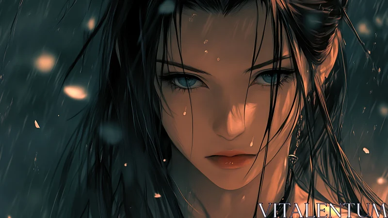 Stormlit warrior gazes forward as rain and embers fall.