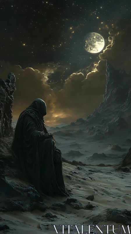 Hooded figure in desolate moonlit desert landscape.