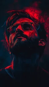 Neon-lit portrait captures defiant mood in crimson shadows