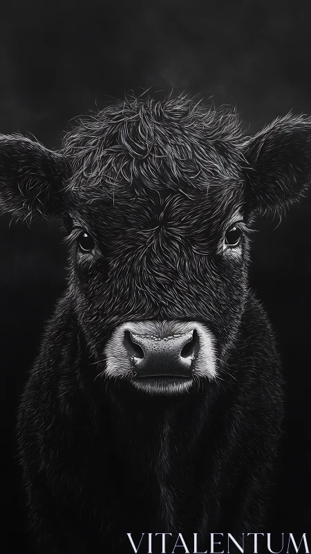 High-contrast bovine portrait isolates detailed fur and wet muzzle