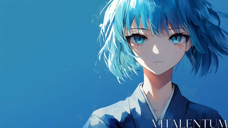 Blue haired anime girl portrait on solid blue background.