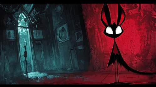 Stylized creature in split-color gothic interior scene.