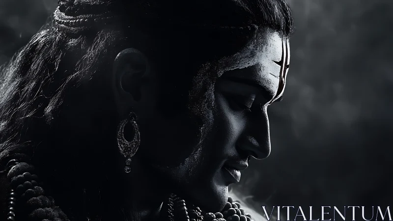 Side profile of ornamented figure in dramatic low key lighting.