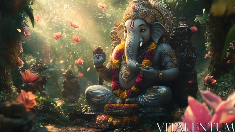 Ganesha sculpture in forest shrine with floral elements.