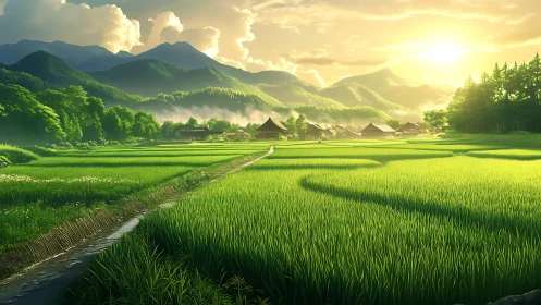 Golden village sunrise over lush mountain rice fields.