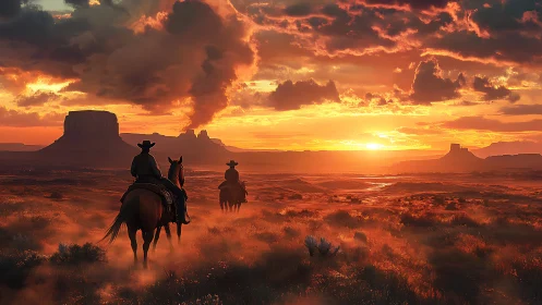 Cowboys ride dusk-lit desert trails under molten skies.