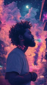 Neon-lit dreamer under cosmic sunset city clouds.