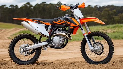 Orange off-road dirt bike stands ready on sandy trail.