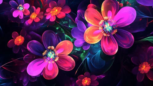 Luminous fractal blossoms in neon chromatic spectral layers