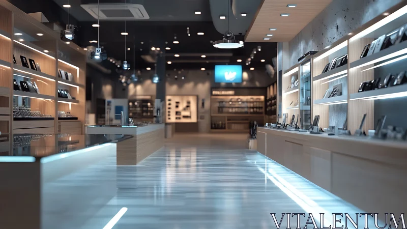 Sleek tech showroom glowing with modern light and warmth.