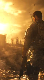 Battle-hardened soldier strides through burning warzone.