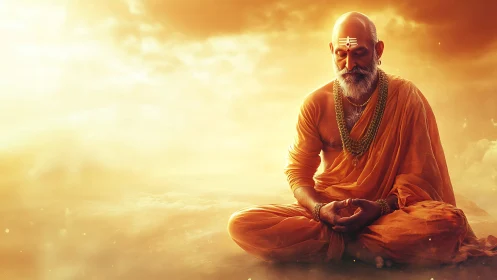 Elderly male ascetic seated in orange robes, meditating calmly.