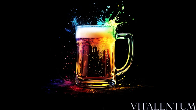 Glass beer mug with multicolor splash on black background.