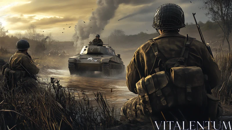 Soldiers advance with tank through flooded battlefield at dusk