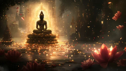 Golden lotus temple glows around a serene meditating figure