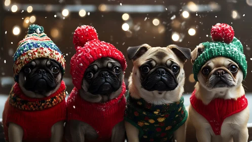 Festive pug quartet bundled in cozy winter sweaters and hats.