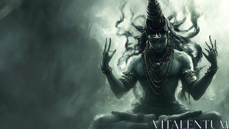 Meditating deity radiates stormlike energy in spectral mist