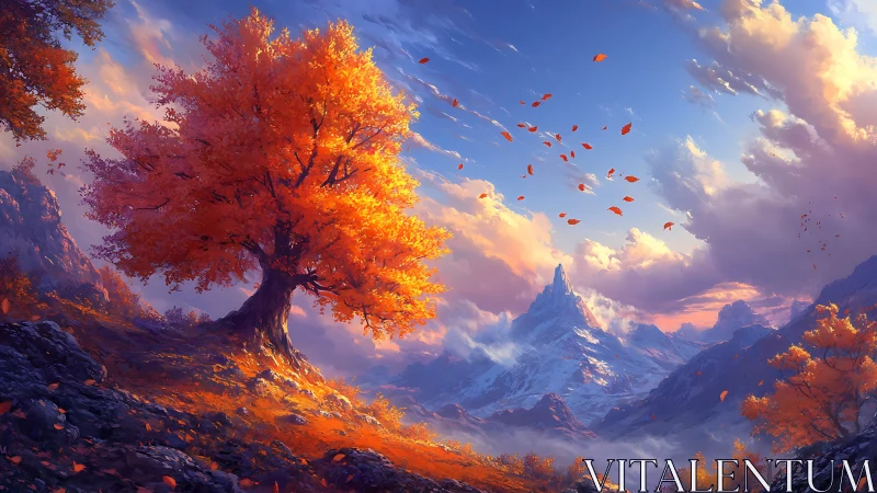 Flaming autumn tree guarding a crystal mountain horizon.
