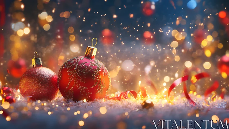 Glowing red Christmas baubles sparkle in festive snowfall