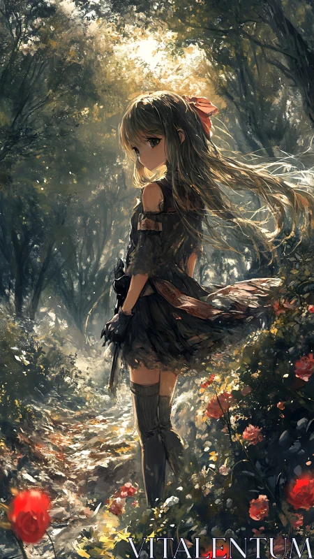 Girl in dark dress standing on forest path with flowers.