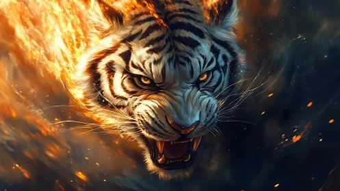 Infernal white tiger lunging through swirling firestorm.