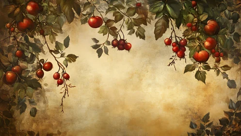 Golden orchard border with hanging apples and quiet light.