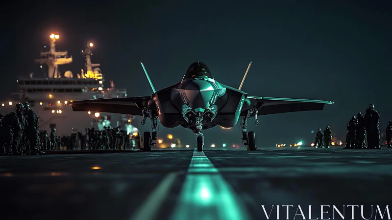 Stealth jet poised on carrier deck under neon nightfall.