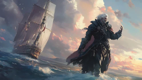 Tall ship and cloaked figure over open ocean at sunset.