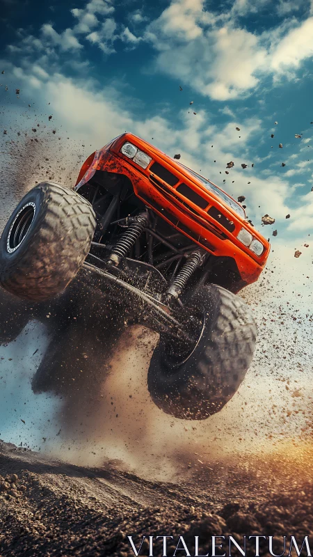 Dynamic low-angle photorealistic jump of off-road truck.
