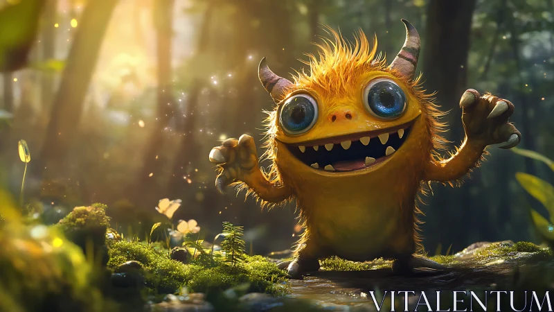 Orange horned creature stands on forest floor in sunlight