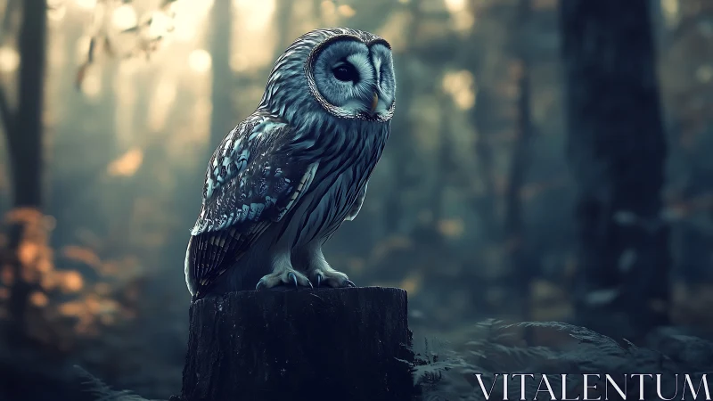 Majestic owl perched on tree stump in dreamy, misty forest scene.