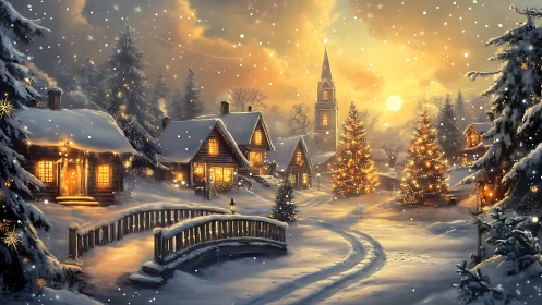 Illuminated alpine village in golden hour snowfall panorama.