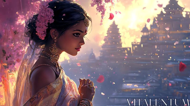 Temple dawn portraits jeweled bride in drifting petals.