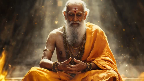 Meditative Hindu sage under golden shafts of divine light.