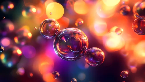 Shimmering Soap Bubbles Against Vibrant Abstract Bokeh Background.