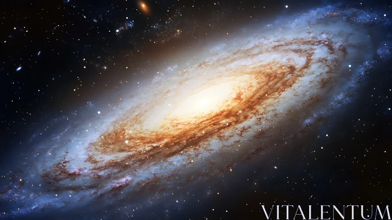 Spiral galaxy disk rendered with dense stellar populations and dust lanes