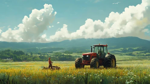 Golden farm fields welcome a bright red tractor under soft clouds