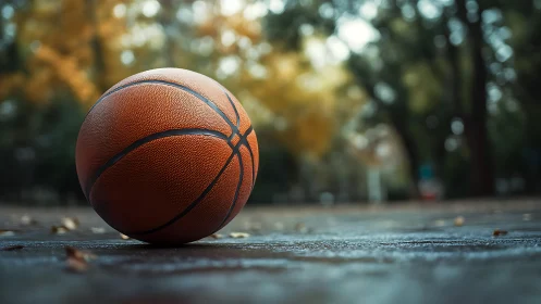 Lonely basketball on wet outdoor court in autumn light.