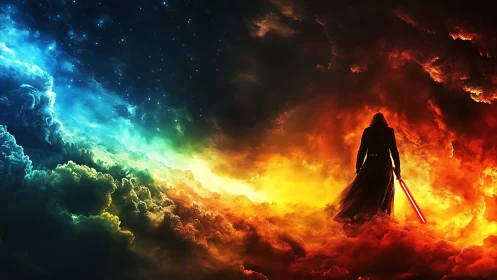 Dark warrior dominates nebular storm in chromatic inferno.