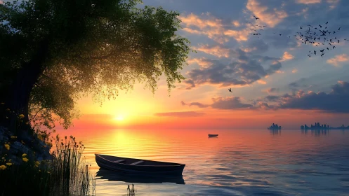 Boat on calm lake at vivid orange and pink sunset.