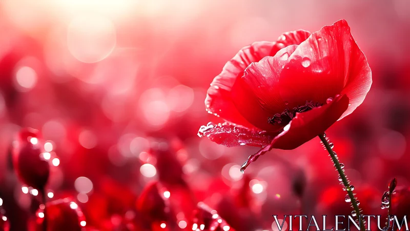Red poppy in bokeh-rendered field displaying hydrophobic petals.